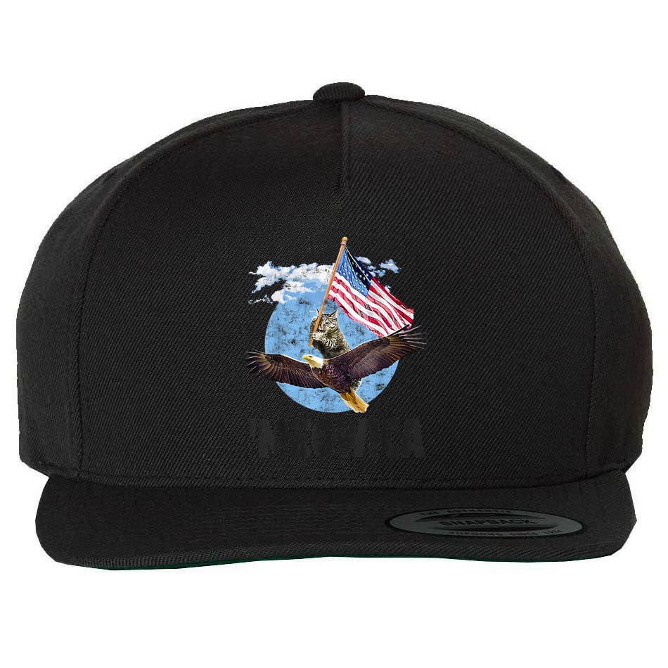 Meowica July 4h Funny Cat Bald Eagle American Flag Wool Snapback Cap