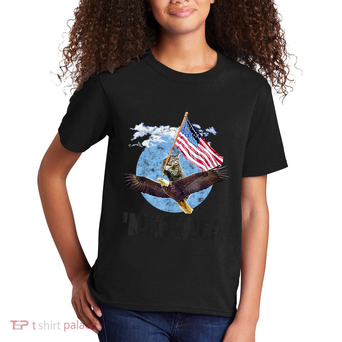 Meowica July 4h Funny Cat Bald Eagle American Flag Kids T-Shirt