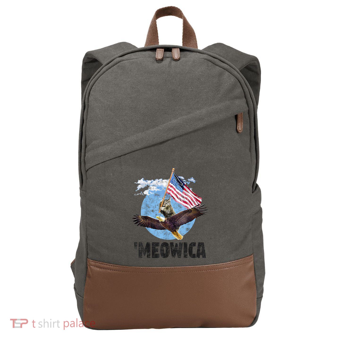 Meowica July 4h Funny Cat Bald Eagle American Flag Cotton Canvas Backpack