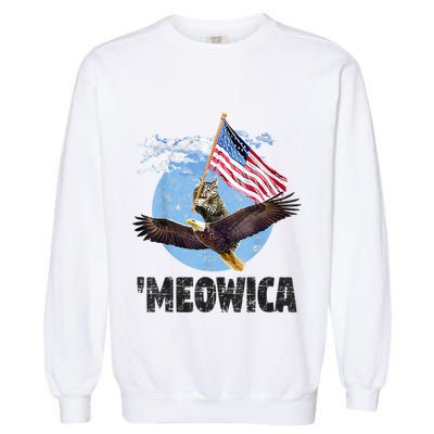 Meowica July 4h Funny Cat Bald Eagle American Flag Garment-Dyed Sweatshirt