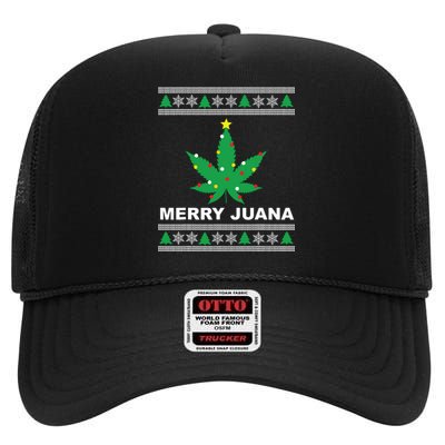 Merry Juana 420 Cannabis Weed Marijuana Ugly Christmas High Crown Mesh Back Trucker Hat