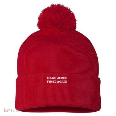 Make Jesus First Again Christian Catholic Faith Pom Pom 12in Knit Beanie