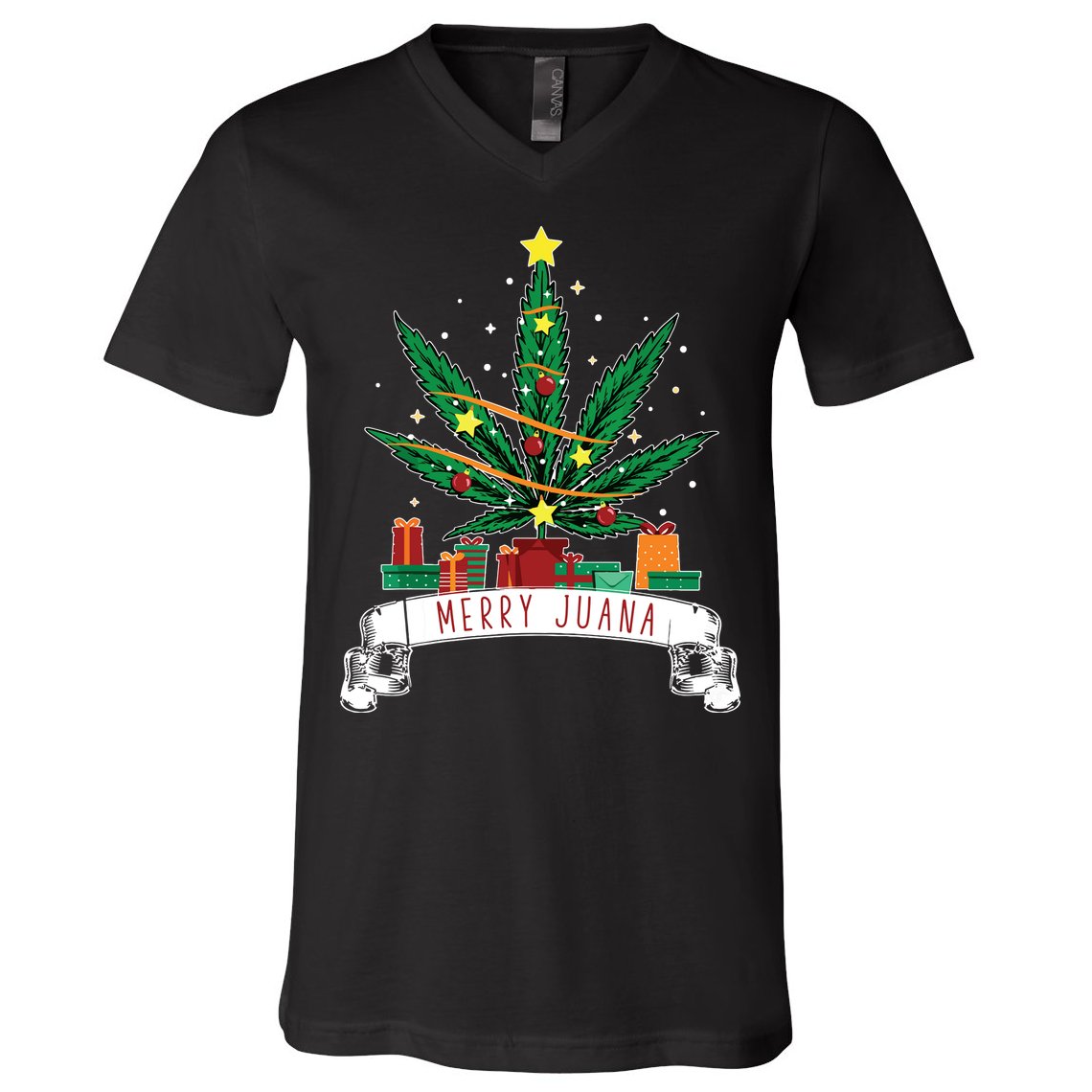 Merry Juana Funny Holiday Christmas Marijuana Weed Stoner V-Neck T-Shirt