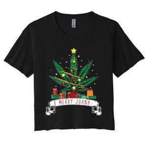 Merry Juana Funny Holiday Christmas Marijuana Weed Stoner Women's Crop Top Tee