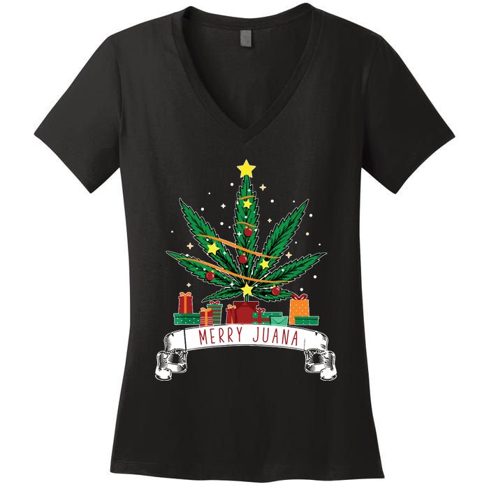 Merry Juana Funny Holiday Christmas Marijuana Weed Stoner Women's V-Neck T-Shirt