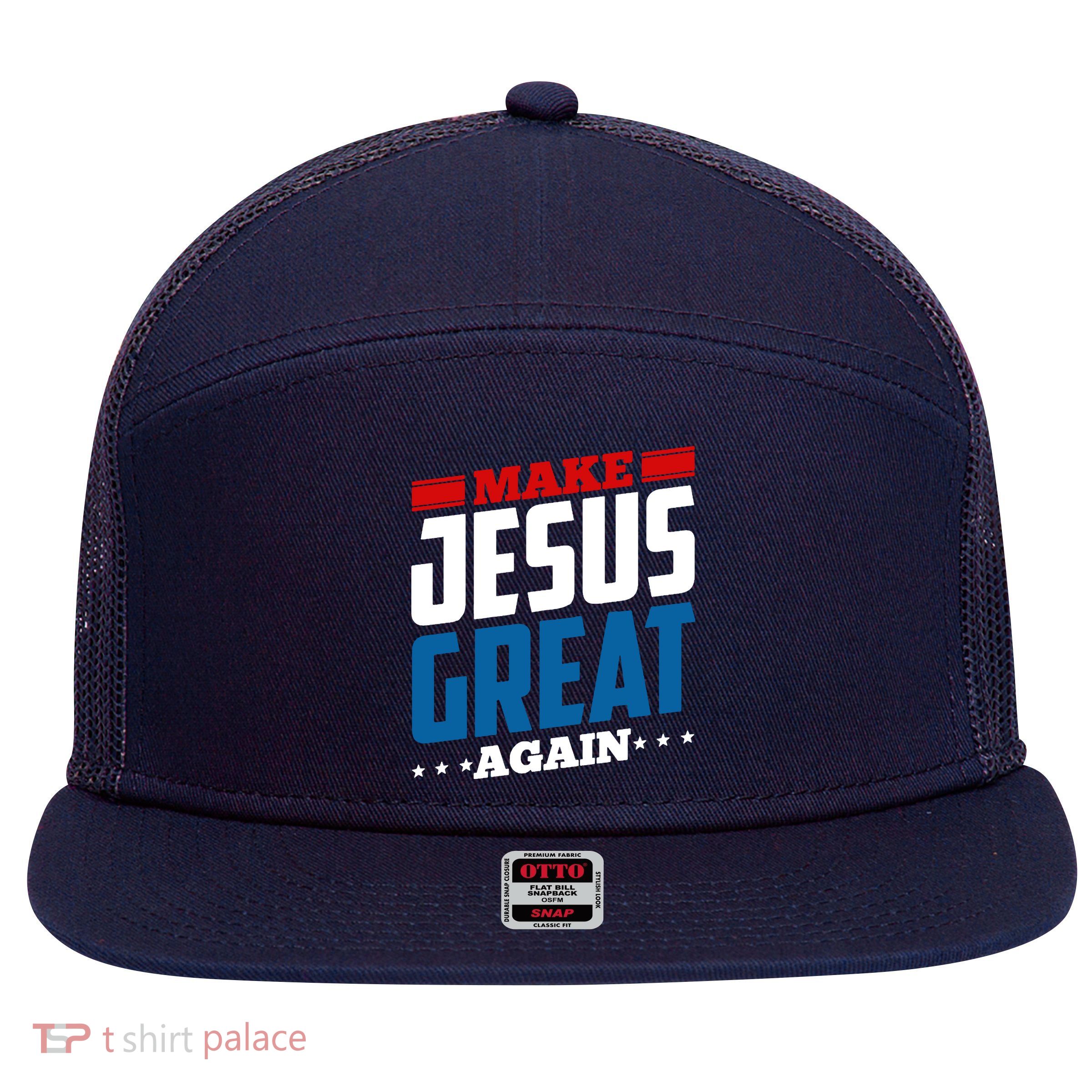 Make Jesus Great Again Red White And Blue 7 Panel Mesh Trucker Snapback Hat