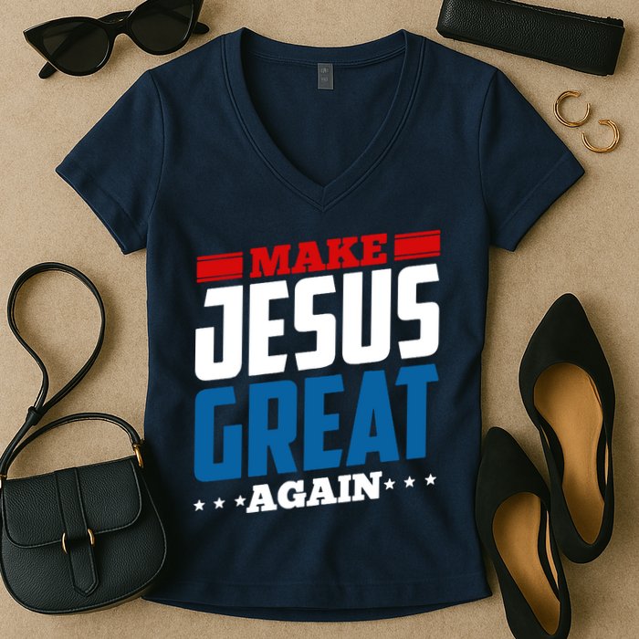 Make Jesus Great Again Red White And Blue Women's V-Neck T-Shirt
