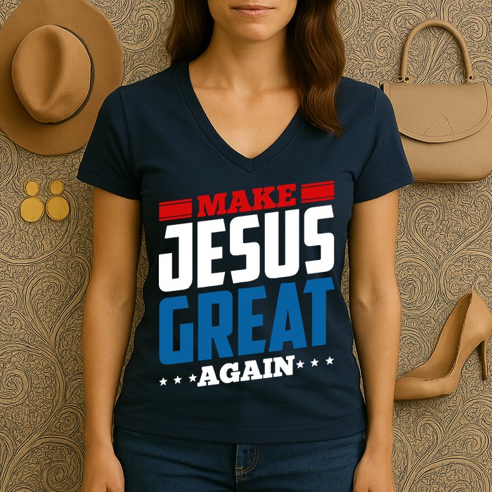 Make Jesus Great Again Red White And Blue Women's V-Neck T-Shirt