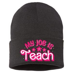 My Job Is Teach Funny Pink Retro Female Teacher Life Sustainable Knit Beanie