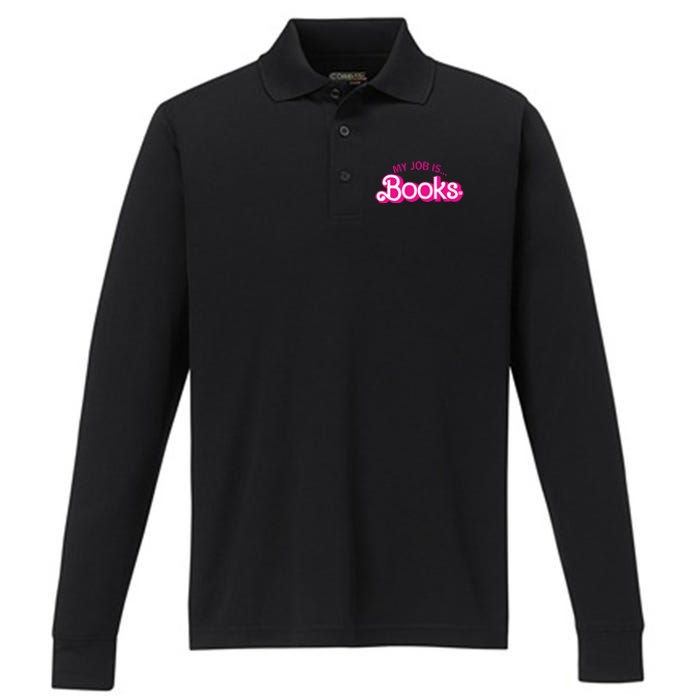 My Job Is Books Retro Pink Style Reading Books Performance Long Sleeve Polo