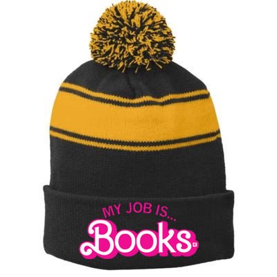 My Job Is Books Retro Pink Style Reading Books Stripe Pom Pom Beanie