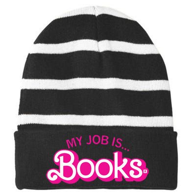 My Job Is Books Retro Pink Style Reading Books Striped Beanie with Solid Band