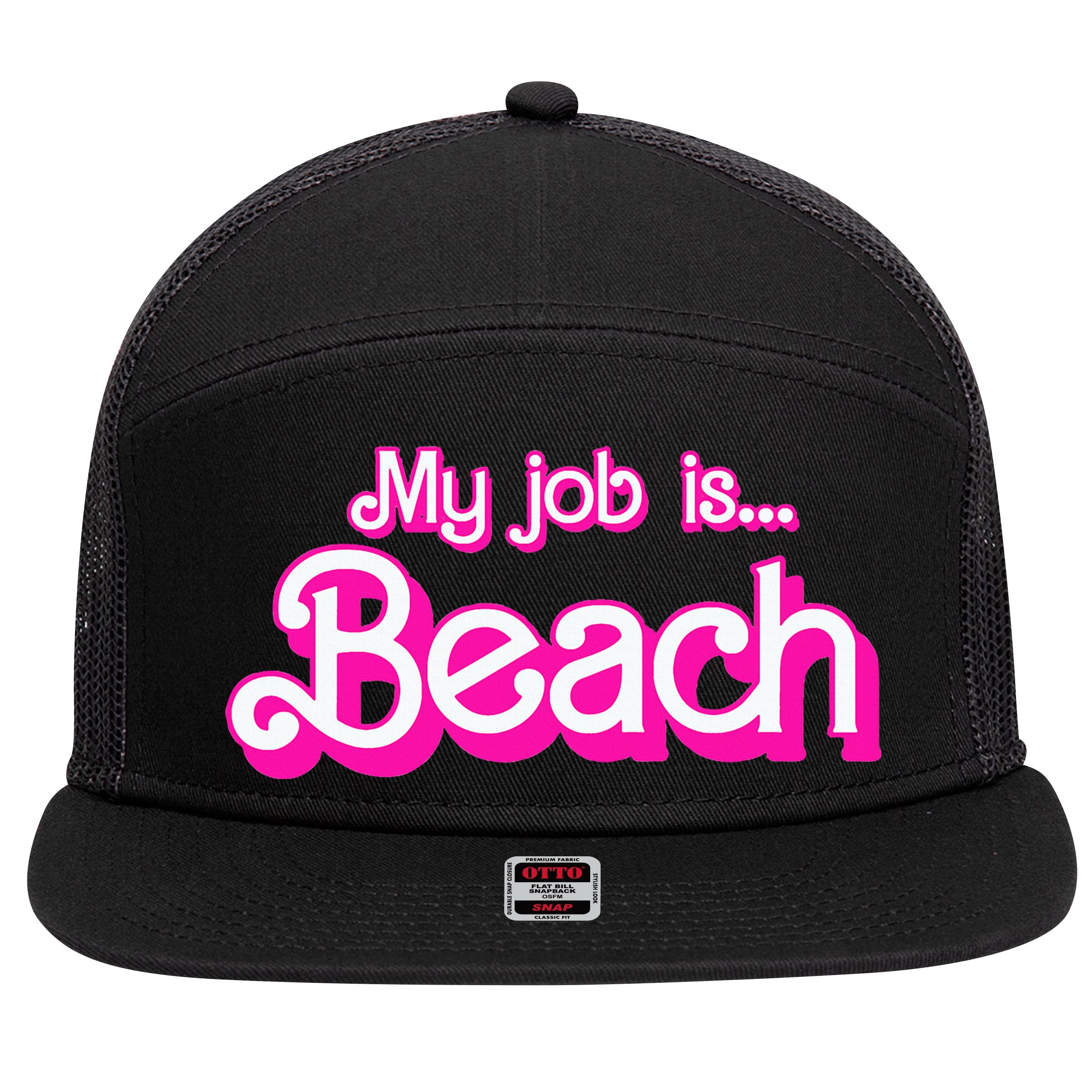My Job Is Beach Pink Retro Funny Beach Lover 7 Panel Mesh Trucker Snapback Hat