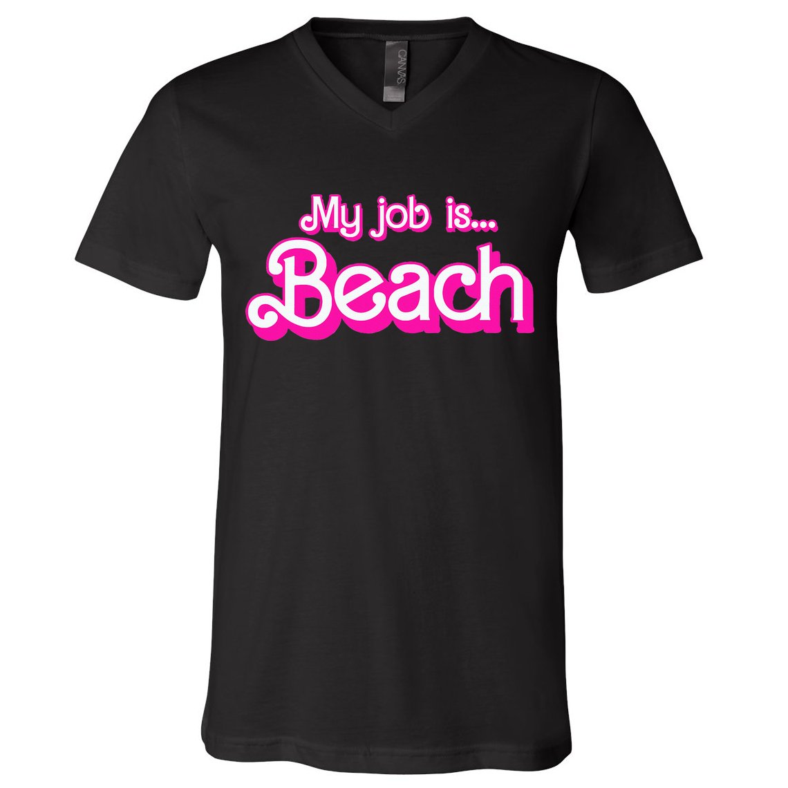 My Job Is Beach Pink Retro Funny Beach Lover V-Neck T-Shirt
