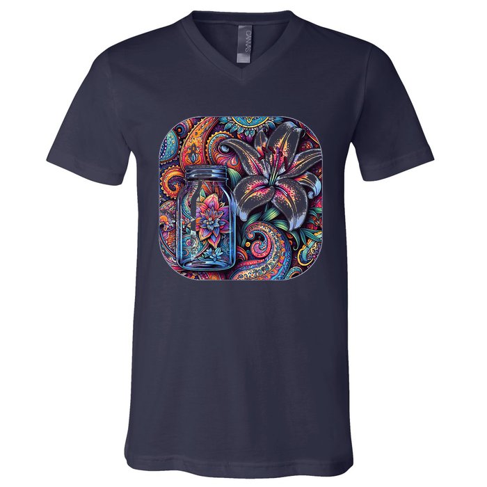 Magic Jar Lily Flower Paisley Garden Premium V-Neck T-Shirt