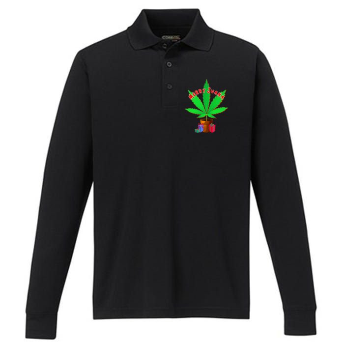 Merry Juana Marijuana Weed Mj Cannabis Christmas Tree Performance Long Sleeve Polo