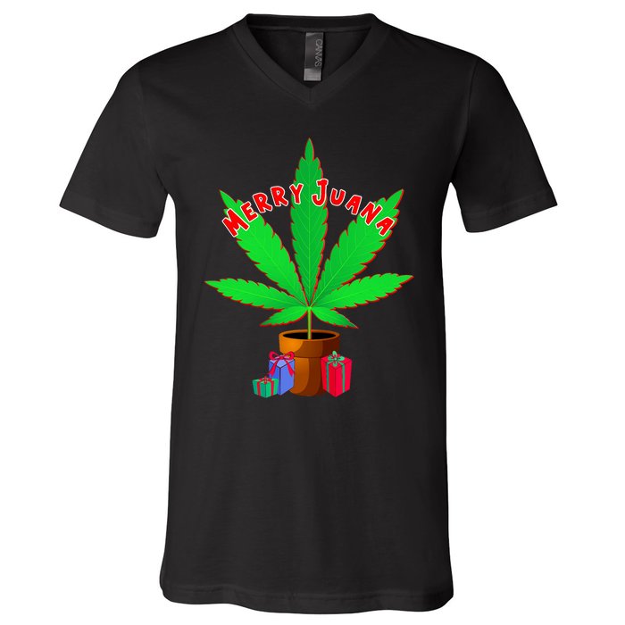 Merry Juana Marijuana Weed Mj Cannabis Christmas Tree V-Neck T-Shirt