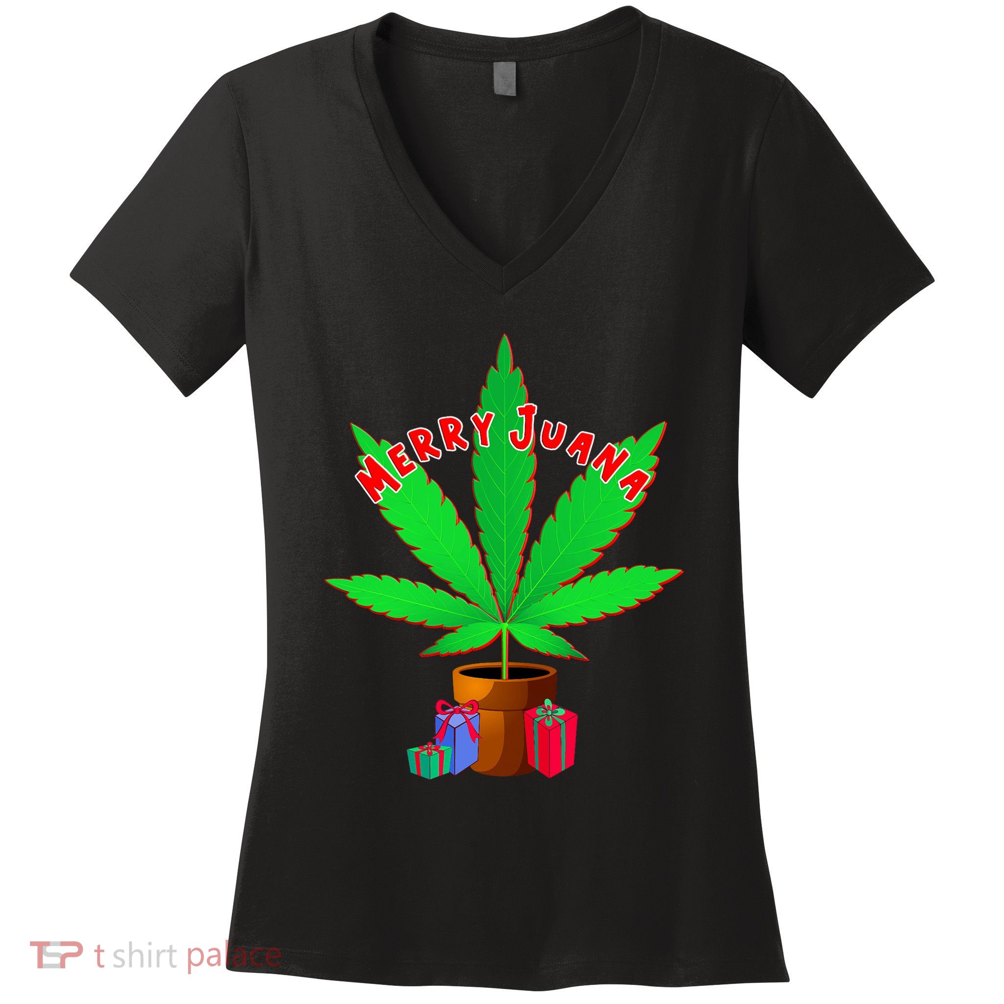 Merry Juana Marijuana Weed Mj Cannabis Christmas Tree Women's V-Neck T-Shirt