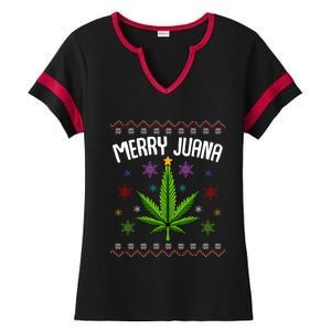 Merry Juana Ugly Christmas 420 Cannabis Marijuana Leaf Weed Ladies Halftime Notch Neck Tee