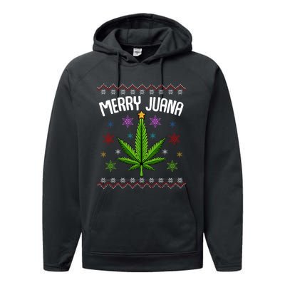 Merry Juana Ugly Christmas 420 Cannabis Marijuana Leaf Weed Performance Fleece Hoodie