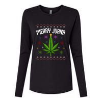 Merry Juana Ugly Christmas 420 Cannabis Marijuana Leaf Weed Womens Cotton Relaxed Long Sleeve T-Shirt