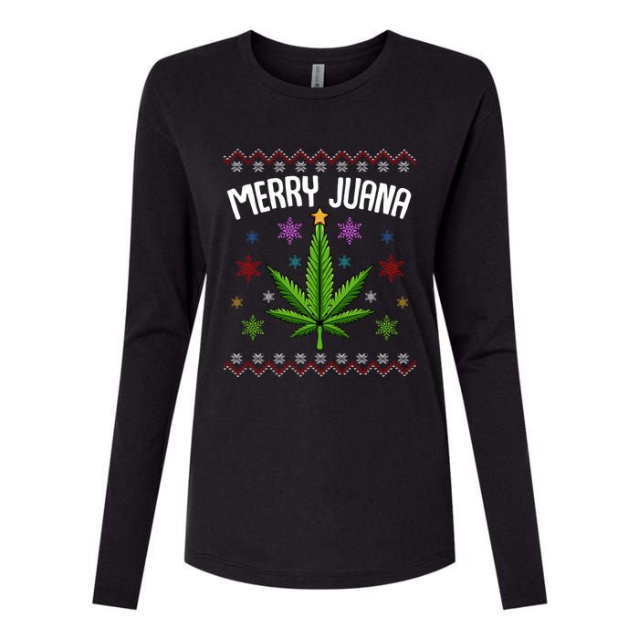 Merry Juana Ugly Christmas 420 Cannabis Marijuana Leaf Weed Womens Cotton Relaxed Long Sleeve T-Shirt