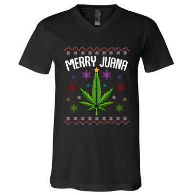 Merry Juana Ugly Christmas 420 Cannabis Marijuana Leaf Weed V-Neck T-Shirt