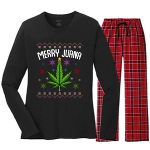 Merry Juana Ugly Christmas 420 Cannabis Marijuana Leaf Weed Women's Long Sleeve Flannel Pajama Set 