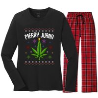 Merry Juana Ugly Christmas 420 Cannabis Marijuana Leaf Weed Women's Long Sleeve Flannel Pajama Set 