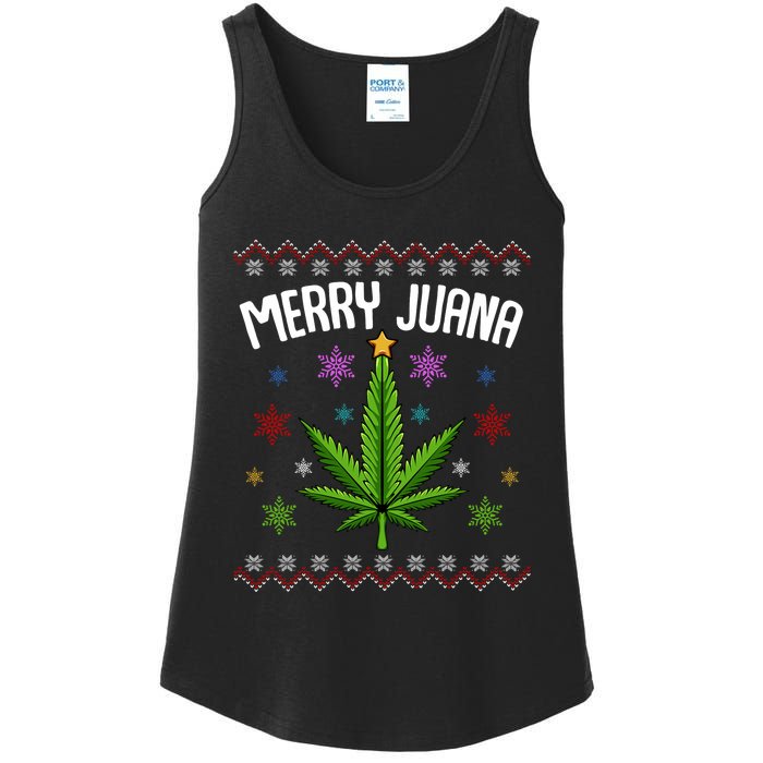 Merry Juana Ugly Christmas 420 Cannabis Marijuana Leaf Weed Ladies Essential Tank