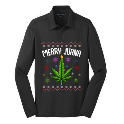 Merry Juana Ugly Christmas 420 Cannabis Marijuana Leaf Weed Silk Touch Performance Long Sleeve Polo