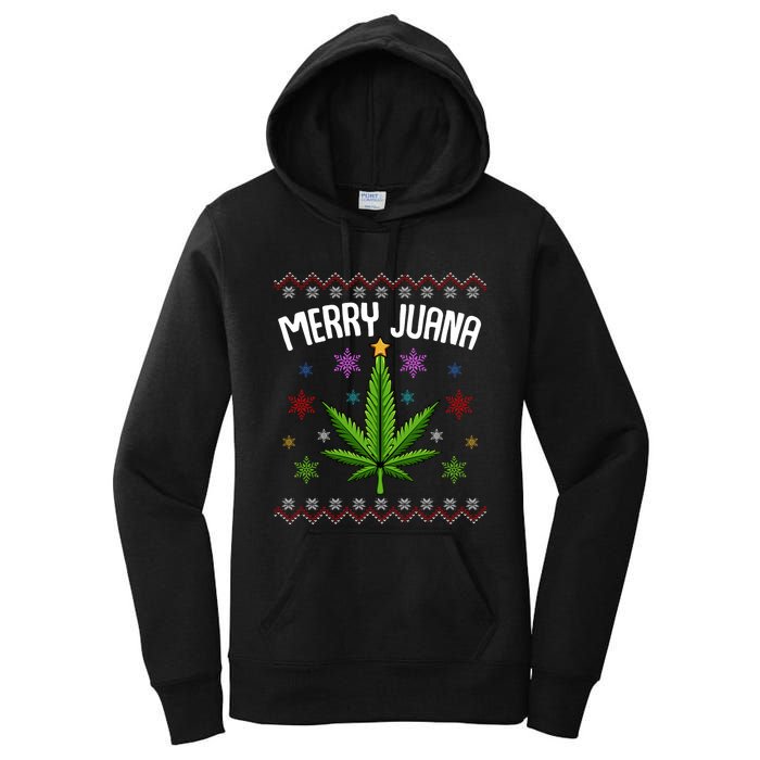 Merry Juana Ugly Christmas 420 Cannabis Marijuana Leaf Weed Women's Pullover Hoodie