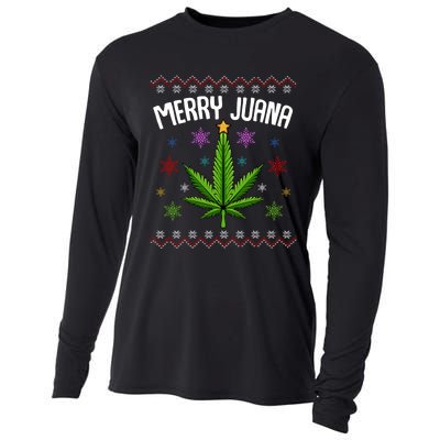 Merry Juana Ugly Christmas 420 Cannabis Marijuana Leaf Weed Cooling Performance Long Sleeve Crew