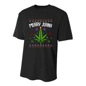 Merry Juana Ugly Christmas 420 Cannabis Marijuana Leaf Weed Youth Performance Sprint T-Shirt