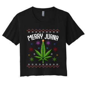 Merry Juana Ugly Christmas 420 Cannabis Marijuana Leaf Weed Women's Crop Top Tee