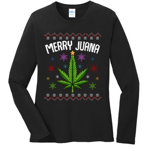 Merry Juana Ugly Christmas 420 Cannabis Marijuana Leaf Weed Ladies Long Sleeve Shirt