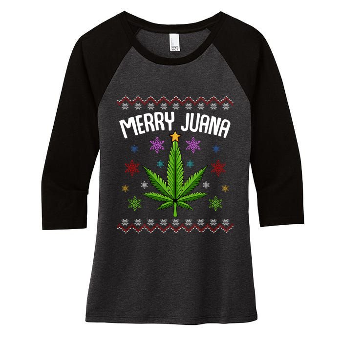 Merry Juana Ugly Christmas 420 Cannabis Marijuana Leaf Weed Women's Tri-Blend 3/4-Sleeve Raglan Shirt