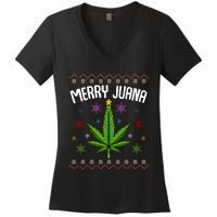 Merry Juana Ugly Christmas 420 Cannabis Marijuana Leaf Weed Women's V-Neck T-Shirt