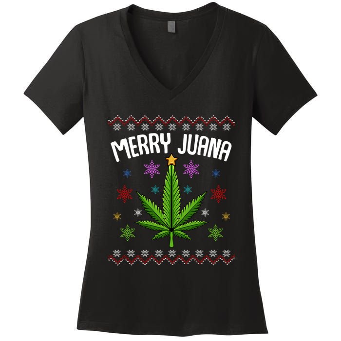 Merry Juana Ugly Christmas 420 Cannabis Marijuana Leaf Weed Women's V-Neck T-Shirt