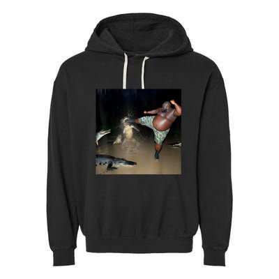 Man Kicking Alligator In Swamp Funny Oddly Specific Meme Garment-Dyed Fleece Hoodie