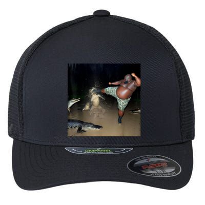 Man Kicking Alligator In Swamp Funny Oddly Specific Meme Flexfit Unipanel Trucker Cap