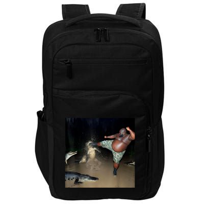 Man Kicking Alligator In Swamp Funny Oddly Specific Meme Impact Tech Backpack