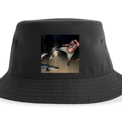 Man Kicking Alligator In Swamp Funny Oddly Specific Meme Sustainable Bucket Hat