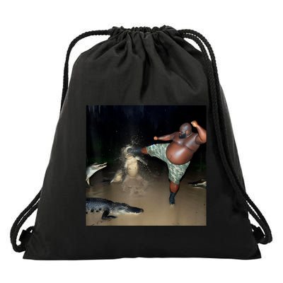 Man Kicking Alligator In Swamp Funny Oddly Specific Meme Drawstring Bag