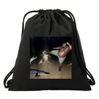Man Kicking Alligator In Swamp Funny Oddly Specific Meme Drawstring Bag