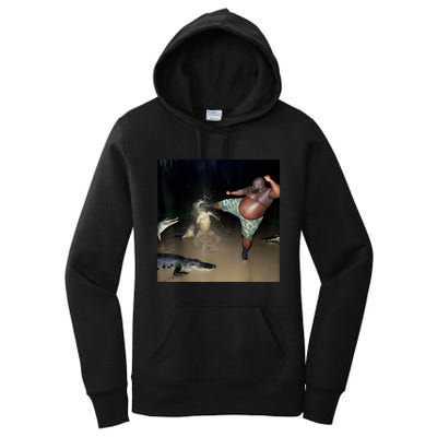 Man Kicking Alligator In Swamp Funny Oddly Specific Meme Women's Pullover Hoodie