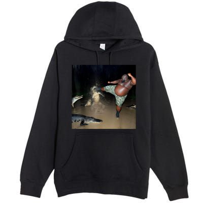 Man Kicking Alligator In Swamp Funny Oddly Specific Meme Premium Pullover Hoodie