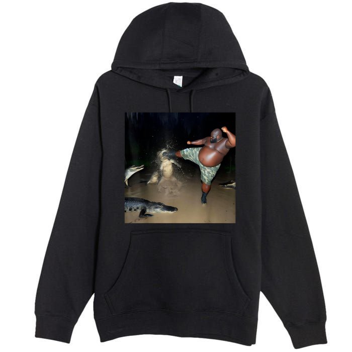 Man Kicking Alligator In Swamp Funny Oddly Specific Meme Premium Pullover Hoodie
