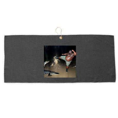 Man Kicking Alligator In Swamp Funny Oddly Specific Meme Large Microfiber Waffle Golf Towel