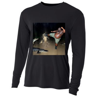 Man Kicking Alligator In Swamp Funny Oddly Specific Meme Cooling Performance Long Sleeve Crew
